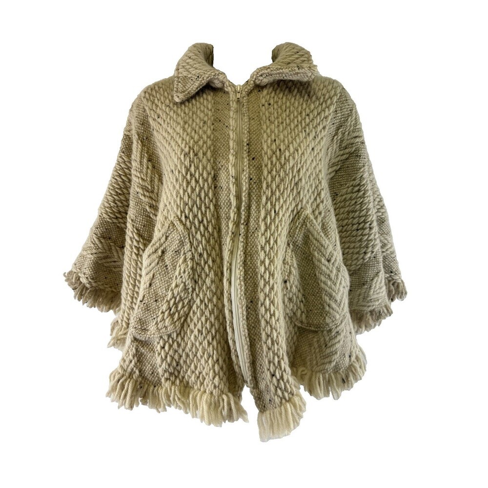 Branigan Weavers Wool Sweater Cape Poncho Beige Collar Full Zip Fringe One Size